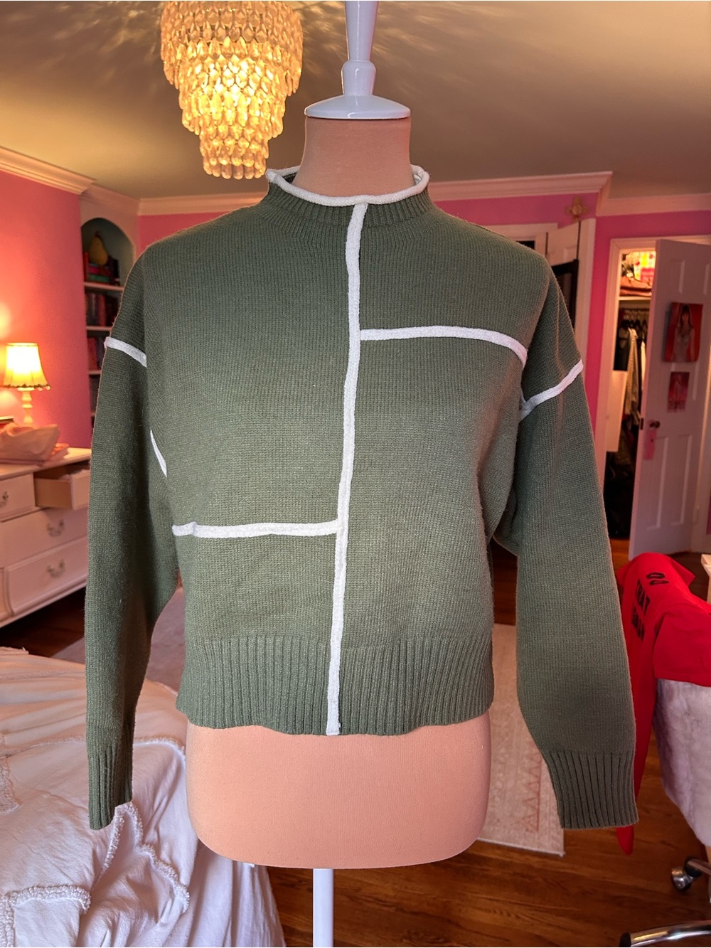 Le Lis Olive Green Crewneck Sweater with White Contrast Trim
